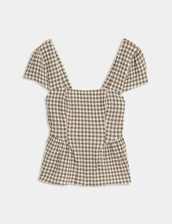 Cotton Rich Checked Cap Sleeve Peplum Top