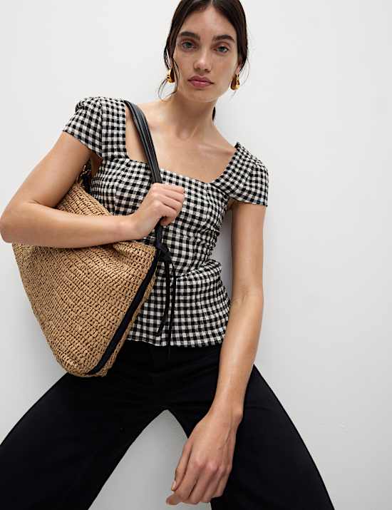 Cotton Rich Checked Cap Sleeve Peplum Top