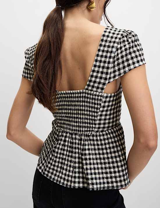 Cotton Rich Checked Cap Sleeve Peplum Top