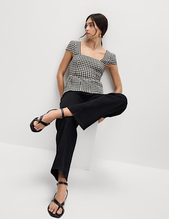 Cotton Rich Checked Cap Sleeve Peplum Top
