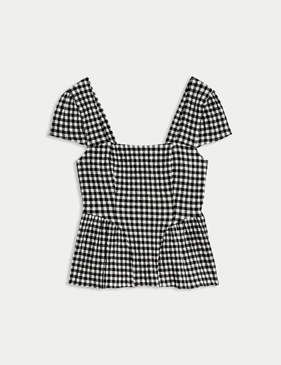 Cotton Rich Checked Cap Sleeve Peplum Top
