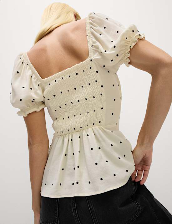 Polka Dot Tie Front Puff Sleeve Top