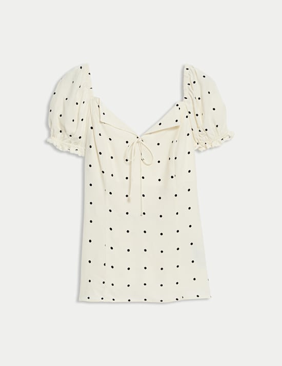 Polka Dot Tie Front Puff Sleeve Top