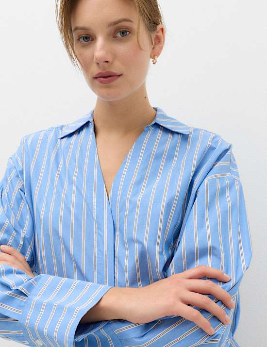 Pure Cotton Striped Collared Waisted Shirt