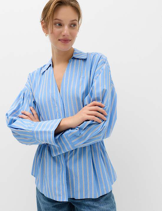 Pure Cotton Striped Collared Waisted Shirt