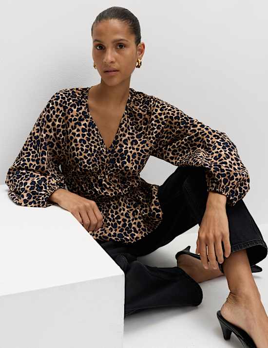 Animal Print Puff Sleeve Blouse