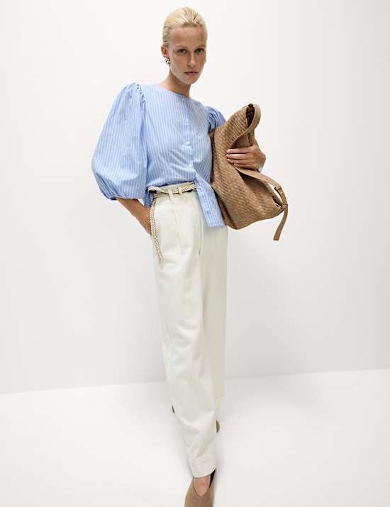 Pure Cotton Puff Sleeve Button Through Blouse