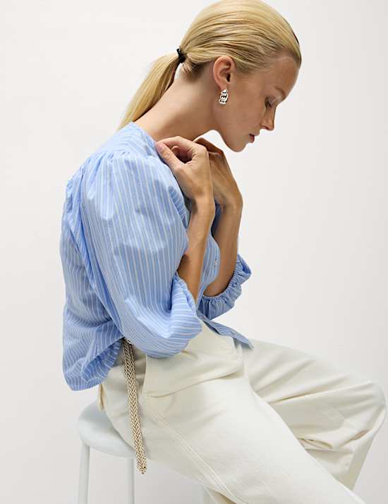 Pure Cotton Puff Sleeve Button Through Blouse