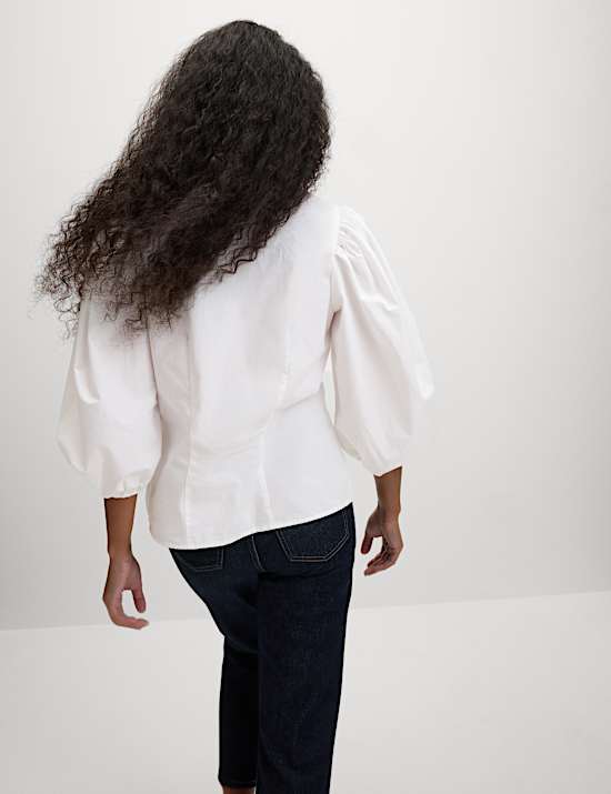 Pure Cotton Puff Sleeve Button Through Blouse