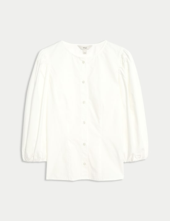 Pure Cotton Puff Sleeve Button Through Blouse