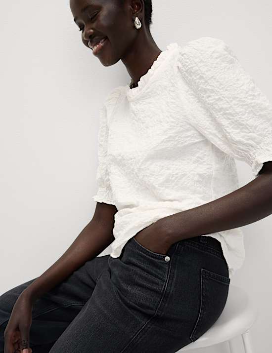 Cotton Rich Smocked Puff Sleeve Blouse