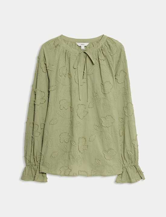 Pure Cotton Appliqu&eacute; Tie Neck Blouse