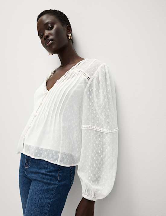 Dobby Textured V-Neck Long Sleeve Blouse