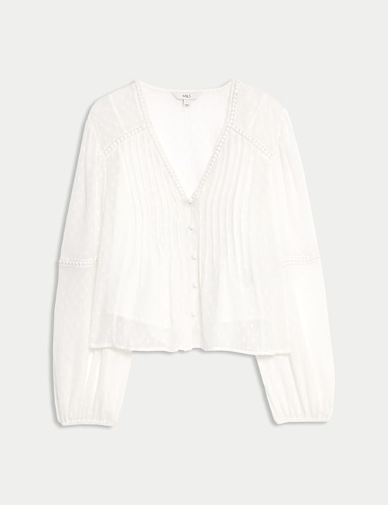 Dobby Textured V-Neck Long Sleeve Blouse