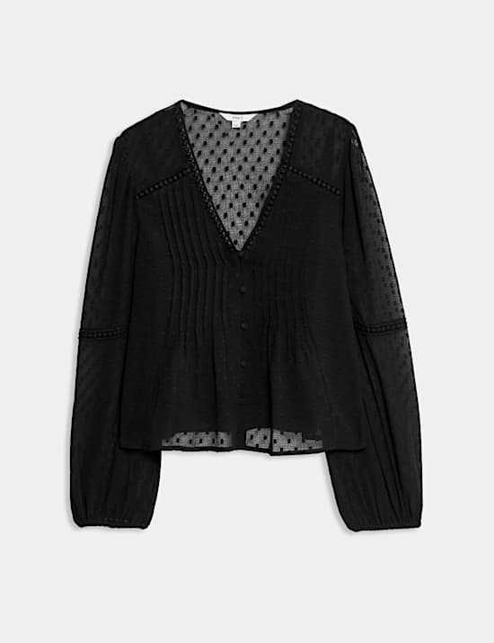 Dobby Textured V-Neck Long Sleeve Blouse