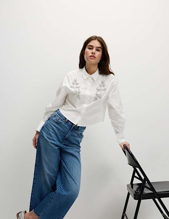 Versierd kort overhemd met kraag van zuiver katoen