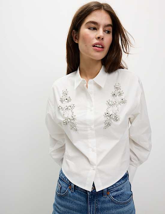 Versierd kort overhemd met kraag van zuiver katoen