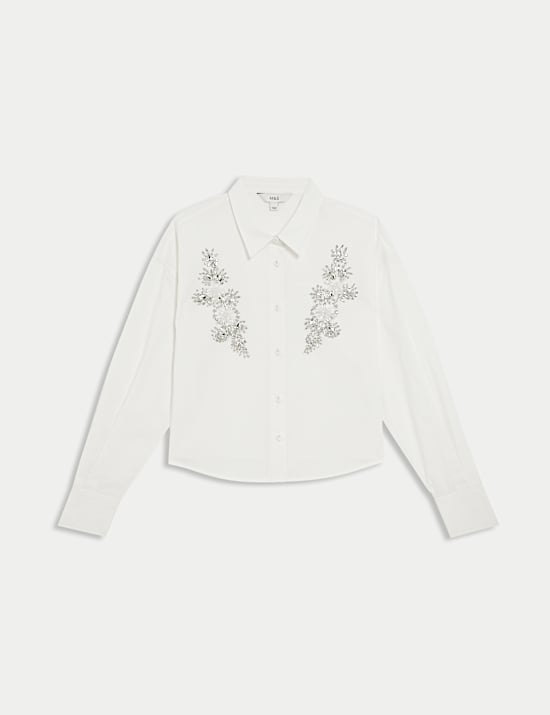 Versierd kort overhemd met kraag van zuiver katoen