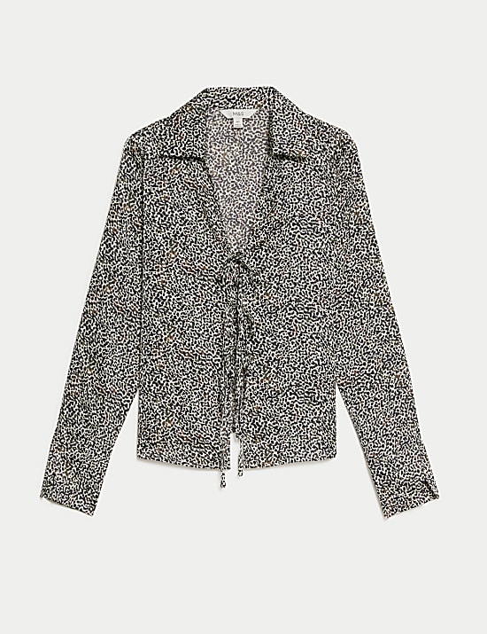 Satin Printed Tie Front Blouse