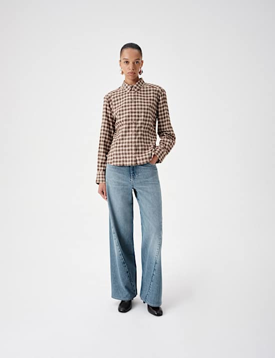 Cotton Blend Check Tie Neck Fitted Shirt
