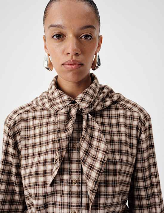 Cotton Blend Check Tie Neck Fitted Shirt
