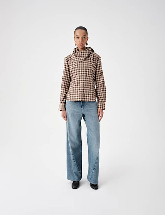 Cotton Blend Check Tie Neck Fitted Shirt