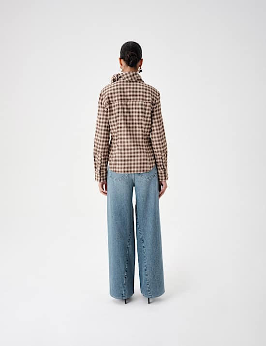 Cotton Blend Check Tie Neck Fitted Shirt