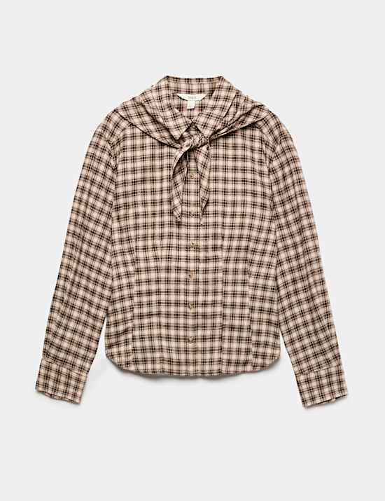 Cotton Blend Check Tie Neck Fitted Shirt