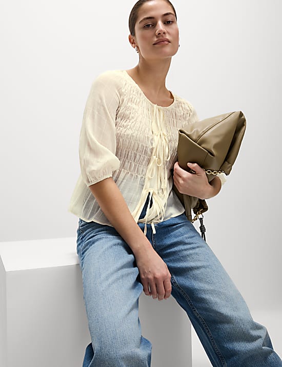 Round Neck Tie Front Shirred Blouse