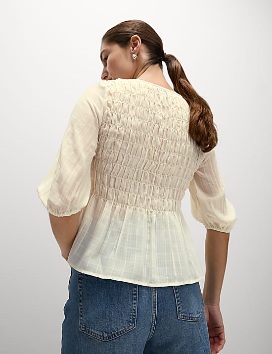Round Neck Tie Front Shirred Blouse