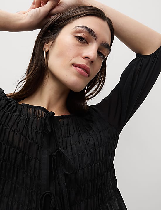 Round Neck Tie Front Shirred Blouse