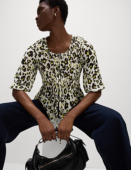 Shirred Tie Front Blouse