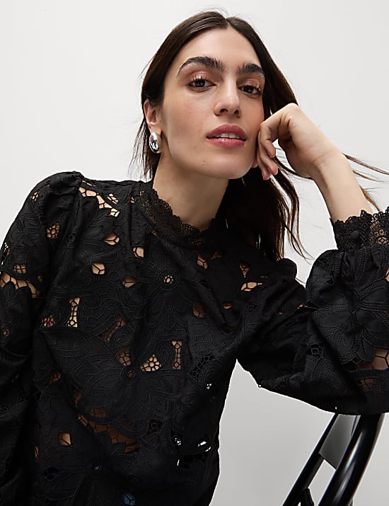 Cutwork High Neck Puff Sleeve Top