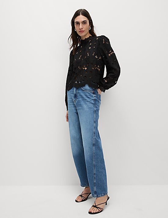 Cutwork High Neck Puff Sleeve Top