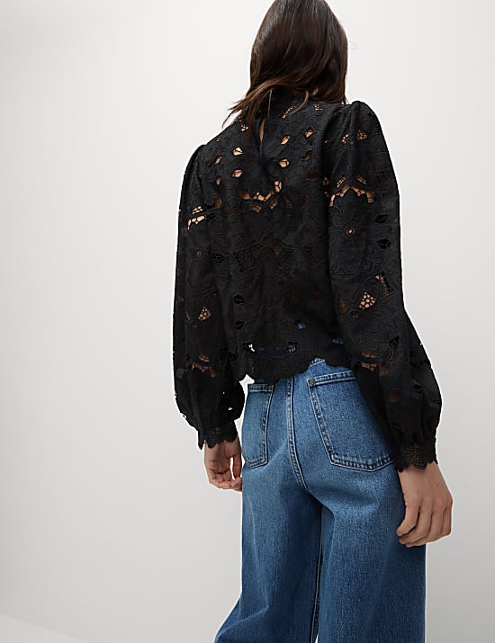 Cutwork High Neck Puff Sleeve Top