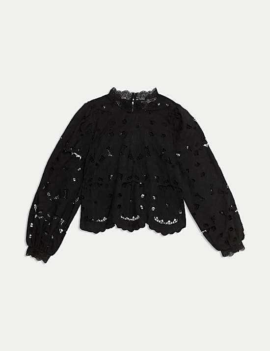 Cutwork High Neck Puff Sleeve Top