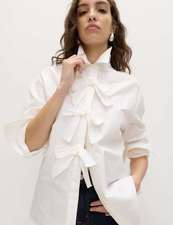 Pure Cotton Bow Detail Collared Shirt