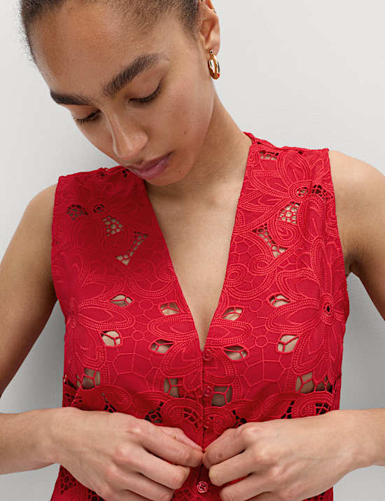 Floral V-neck Cutwork Detail Waistcoat