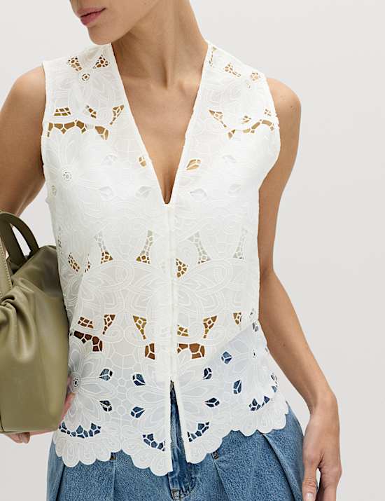 Floral V-neck Cutwork Detail Waistcoat