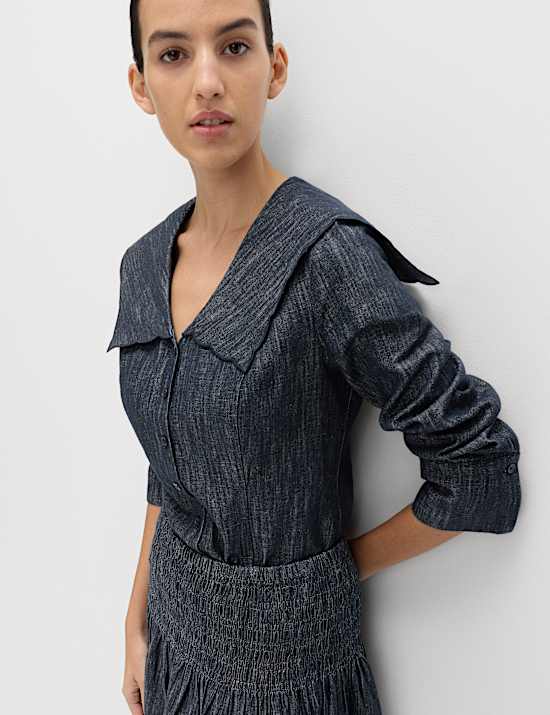 Linen Blend Denim Scallop Collar Shirt