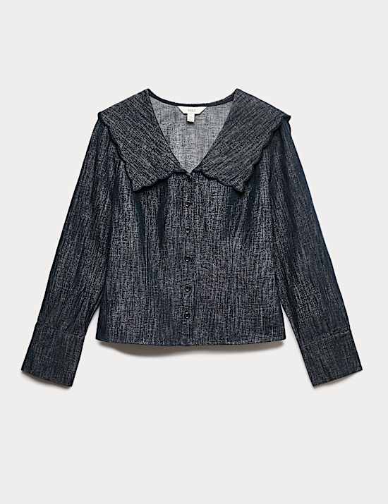 Linen Blend Denim Scallop Collar Shirt