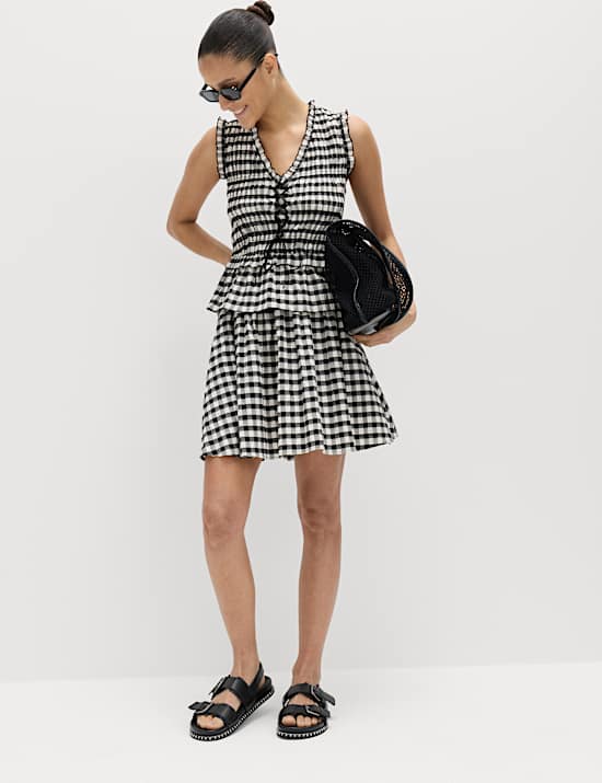 Cotton Blend Gingham Shirred Peplum Top