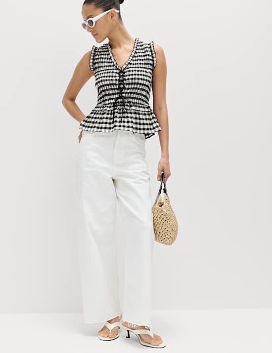 Cotton Blend Gingham Shirred Peplum Top