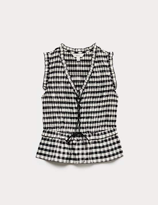 Cotton Blend Gingham Shirred Peplum Top