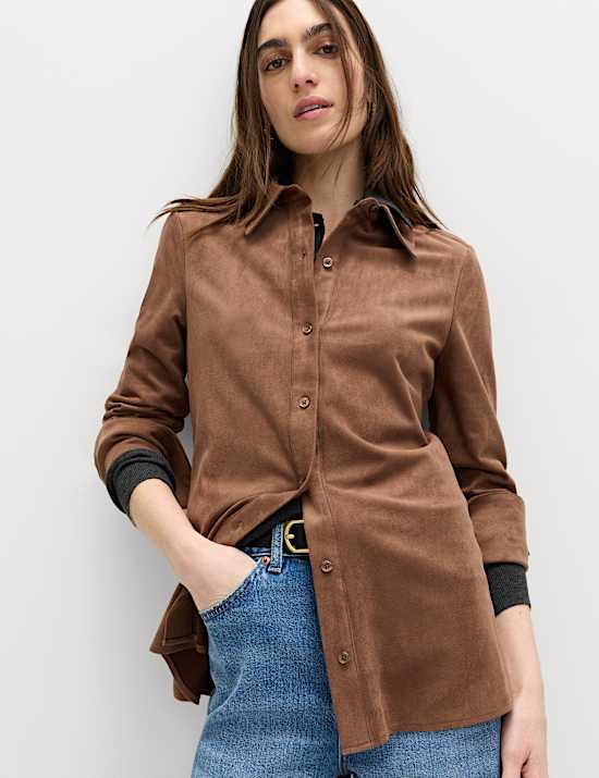 Faux Suede Collared Fitted Shirt