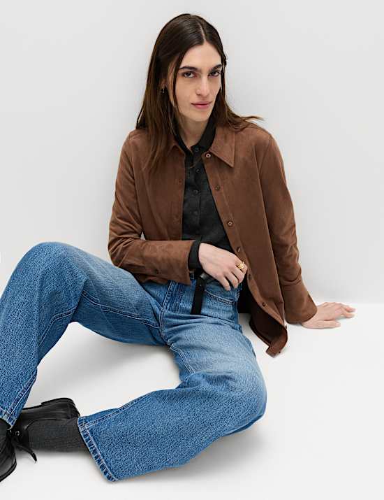 Faux Suede Collared Fitted Shirt