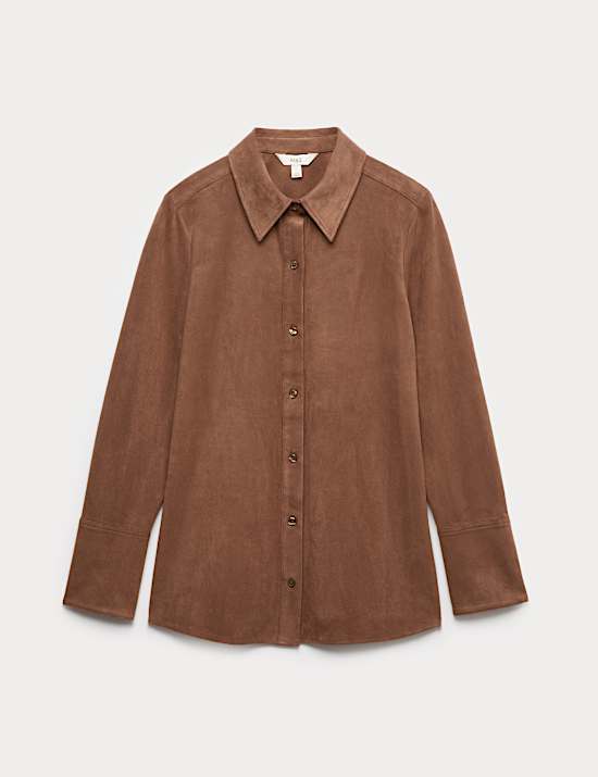 Faux Suede Collared Fitted Shirt