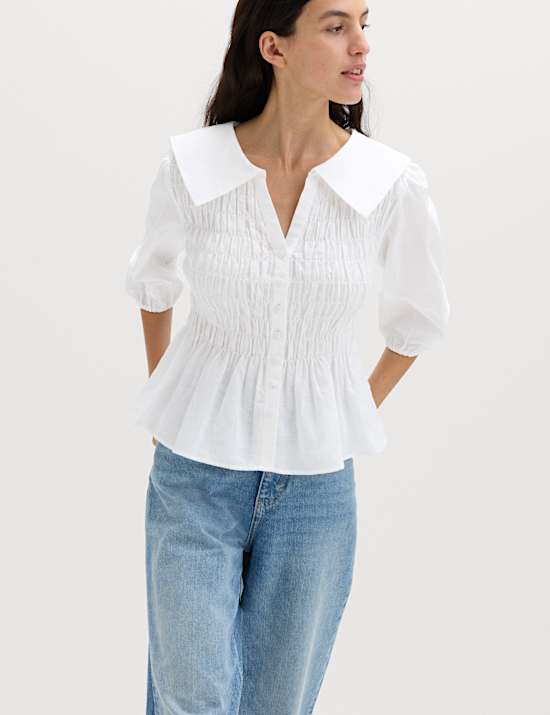 Linen Rich Collared Shirred Shirt