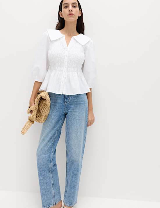 Camisa fruncida de lino con cuello