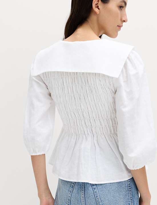 Camisa fruncida de lino con cuello